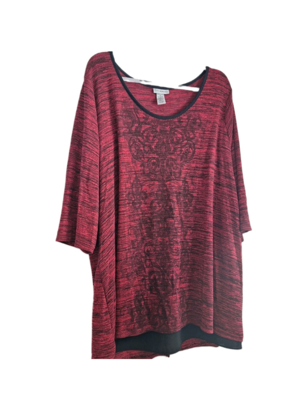 Catherines 2X 22/24W Womens Red Space Dye Damask 3/4 Sleeve Top Embellished